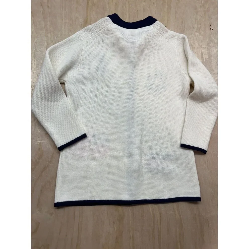 VTG 60s Ivory Wool Navy Trim Gold Button Cardigan w Sailing Boating Embroidery S